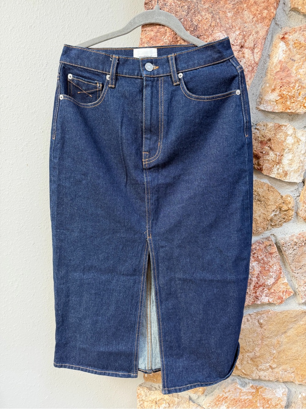 Dark Blue Denim Pencil Skirt with Front Slit